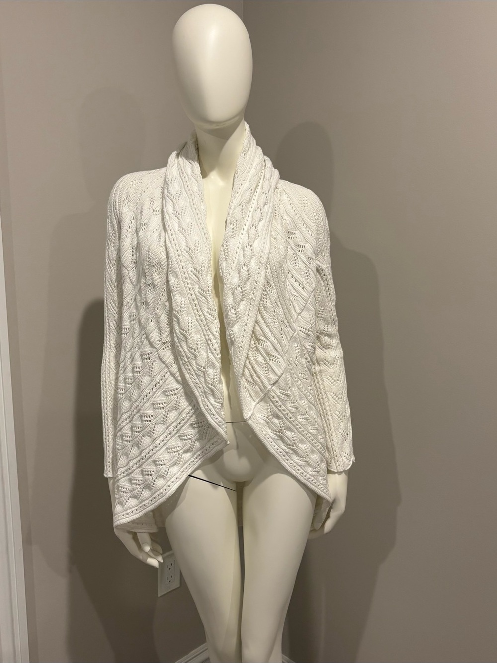 CAbi Cream Cable-Knit Open-Front Shawl Cardigan